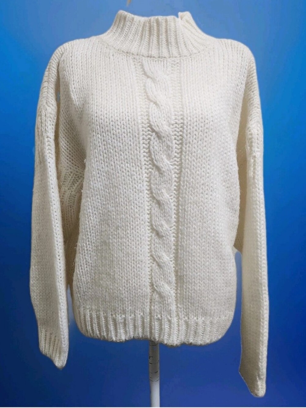 Vintage 80s/90s FAST TURN Cable Knit Wool Sweater L Ivory Boxy Mock Fisherman